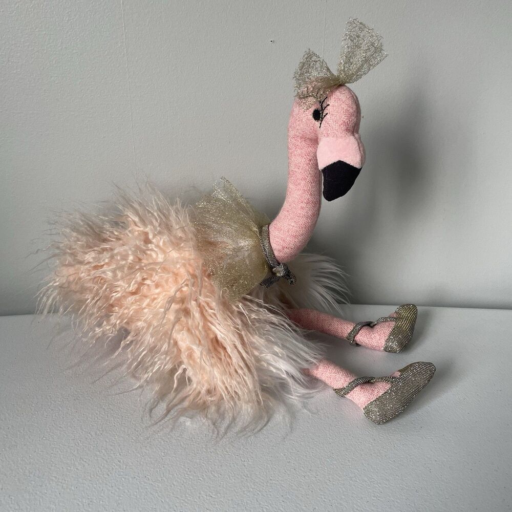 Anthropologie Fancy Flamingo Stuffed Animal Plush Toy Whimsical Pink Gold Bird